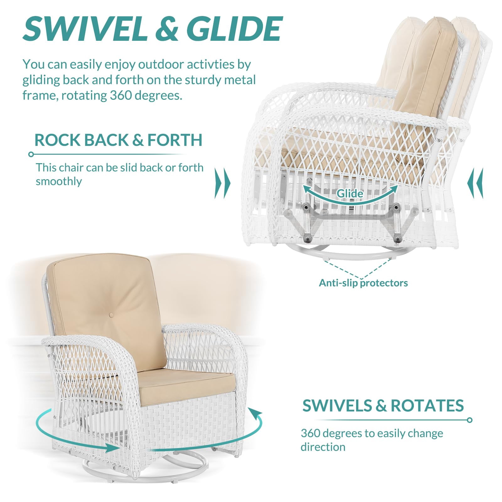 MEETWARM 3 Pieces Outdoor Wicker Swivel Rocker Patio Set, Rocking Chairs Rattan Patio Furniture Sets with Thickened Cushion and Glass-Top Coffee Table, Conversation Bistro Set, White Wicker/Beige