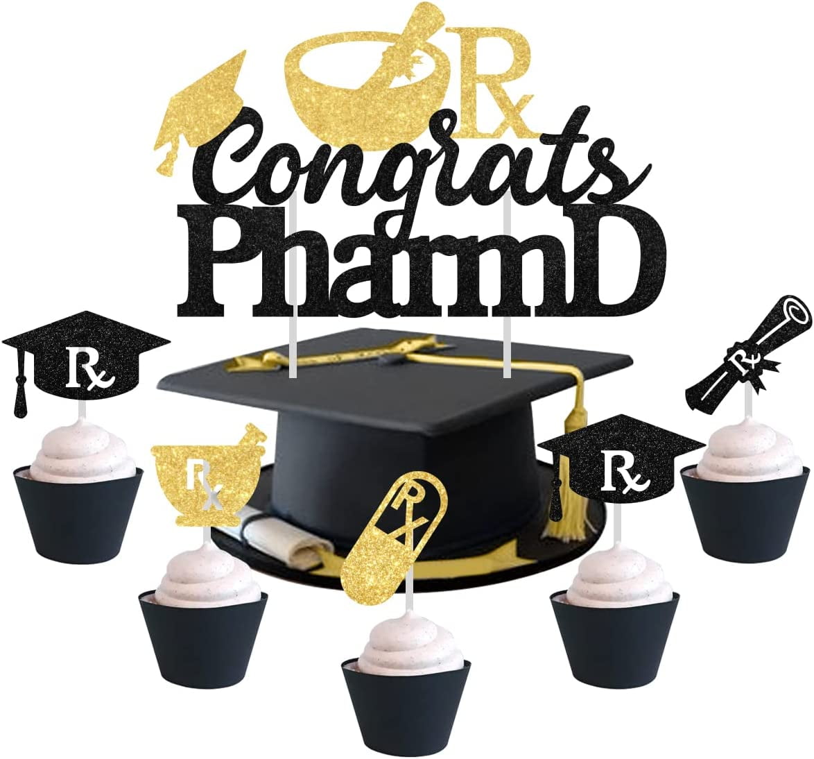 Congrats PharmD Cake Topper Black Gold, 25Pcs Pharmacist Graduation
