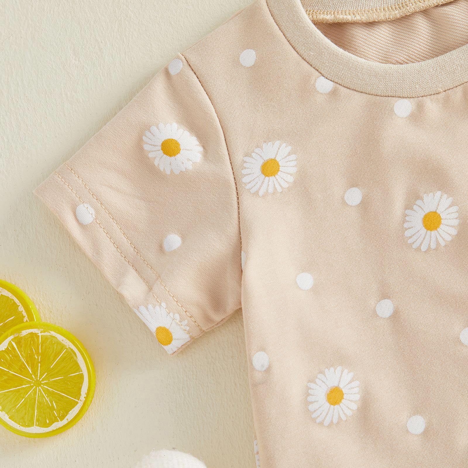 Faraee Toddler Baby Girl Summer Clothes Cotton Daisy Tee Tops Elastic Flowy Elastic Waist Shorts Outfits 2Pcs Casual Homewear Beige 18-24 Months