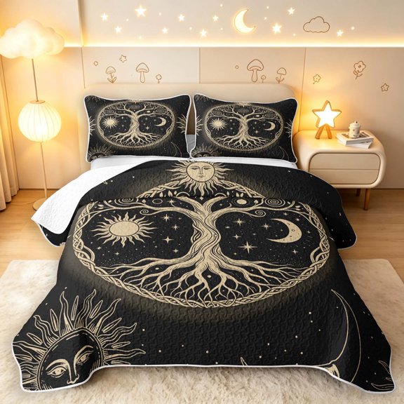Homewish Bohemian Nature Tree Twin Quilt Set,Vintage Sun Moon Twin Coverlet Set,Black Gold,Black Reversible,2 Pieces