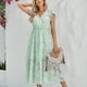 thumbnail image 3 of Vestido largo para mujer, elegante vestido hasta la rodilla con estampado floral y volantes con cuello en V para primavera y verano, verde claro L, 3 of 8