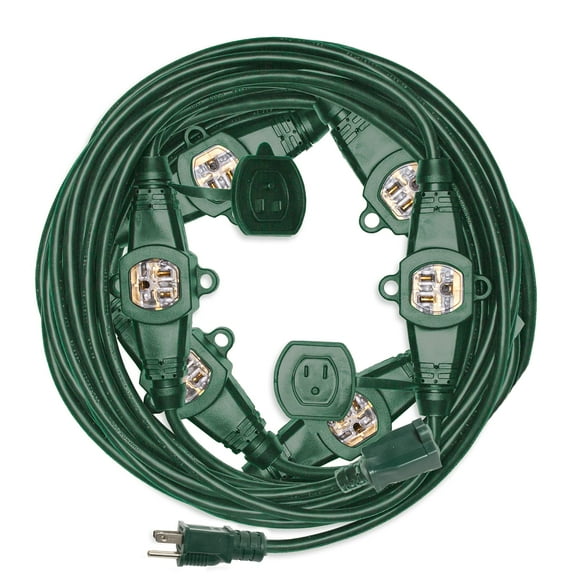Iron Forge Cable 50 ft Heavy Duty Outdoor Extension Cord with 7 Evenly Spaced Power Outlets, 14/3 Weatherproof with Multiple Outlets, 15 AMP Green