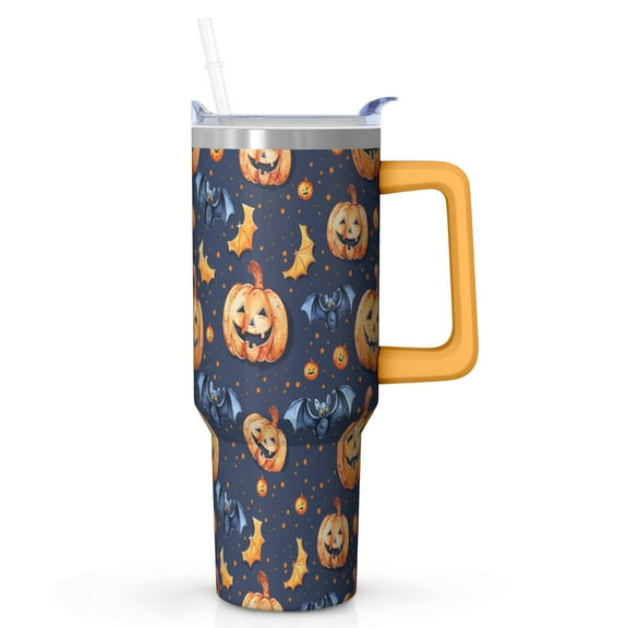 Halloween Tumbler with Handle and Straw, 40 oz Stainless Steel Insulated Travel Mug, Cute Pumpkin and Bat Design, Reusable Coffee Cup for Hot and Cold Drinks, Gift for Halloween Party