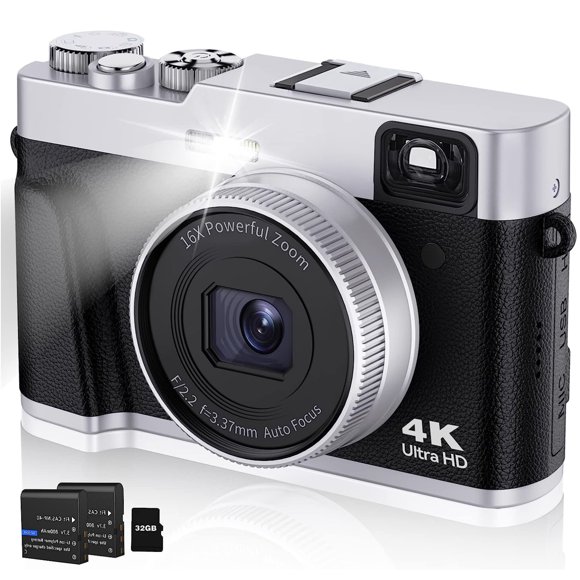 4K Digital Camera with Viewfinder Flash & Dial, 48MP Digital Camera for Photography and Video Autofocus Anti-Shake, Travel Portable Camera with SD Card 2 Batteries, 16X Zoom Vlogging Camera