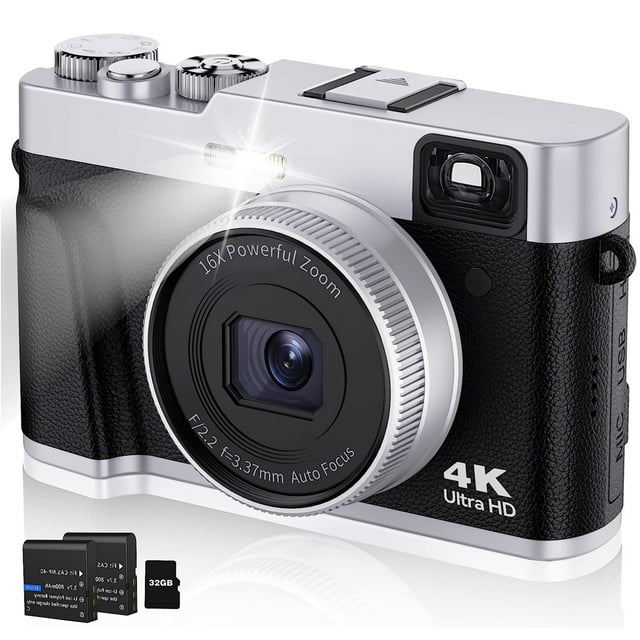 4K Digital Camera with Viewfinder Flash & Dial, 48MP Digital Camera for Photography and Video Autofocus Anti-Shake, Travel Portable Camera with SD Card 2 Batteries, 16X Zoom Vlogging Camera