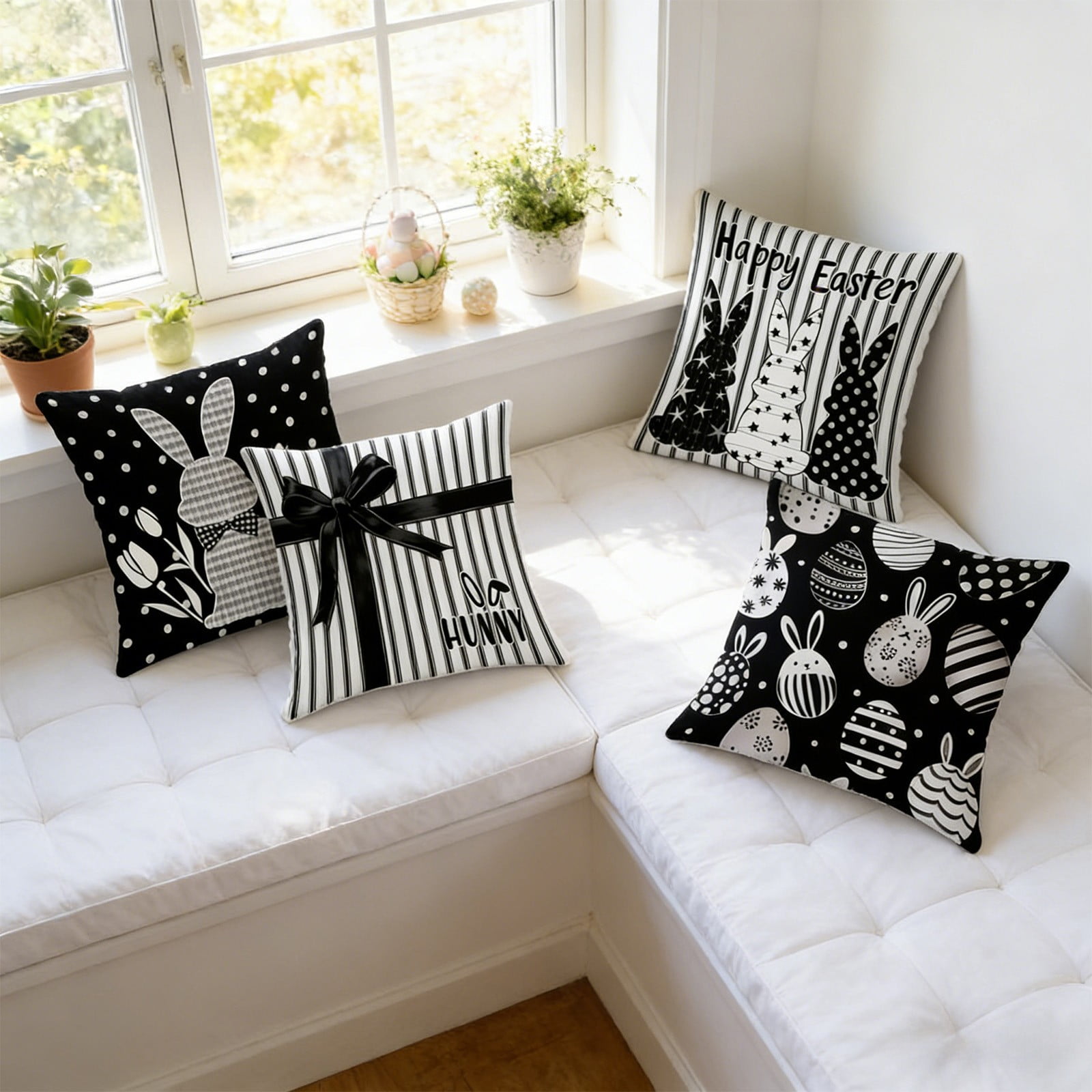 Easter Pillow Covers Set of 4, 18x18 Inch Easter Bunny and Egg Pattern Throw Pillow Covers, Soft Flannel Decorative Cushion Covers for Sofa Couch Spring Home Decor