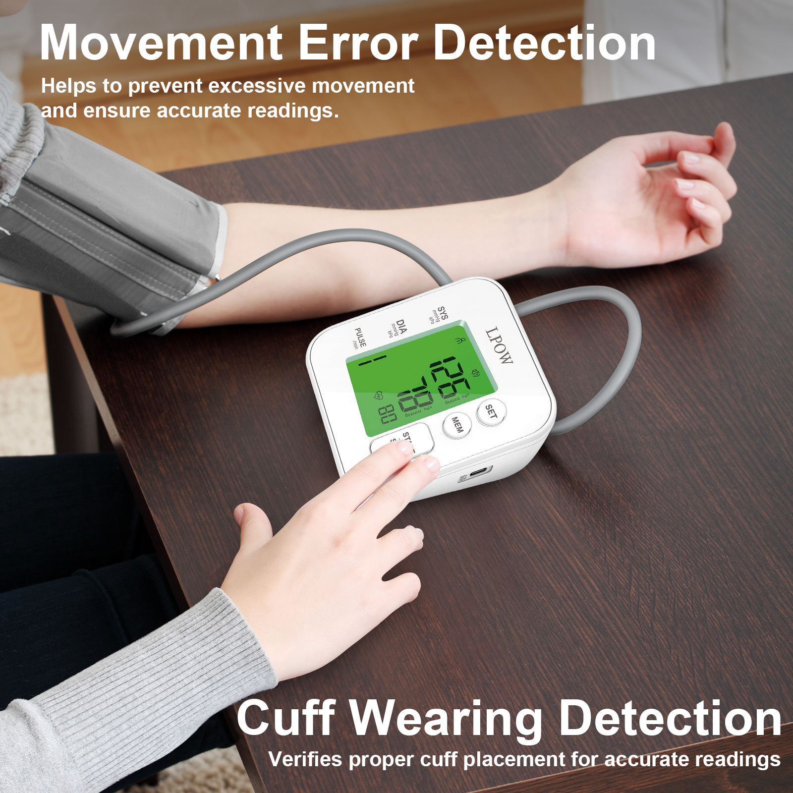 LPOW Upper Arm Blood Pressure Monitor with Speaker, 2 Users, 198 Recordings, Large Cuff, Large Display Screen