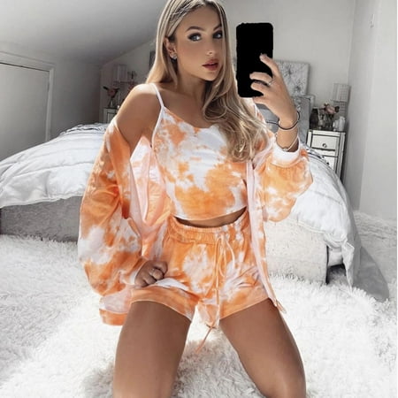 

ZZWXWBWomen S Sets Wear Plus Size Fashion Women S Long Sleeve Tie-Dye Suspender Loose Coat Three Piece Suit Orange Xl