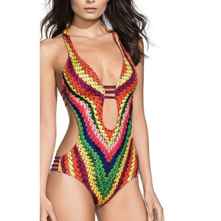 - Womens Padded Push Up Swimsuit Rainbow printing One Piece Swimwear Halter Deep V Neck Bikini Bathing Suit