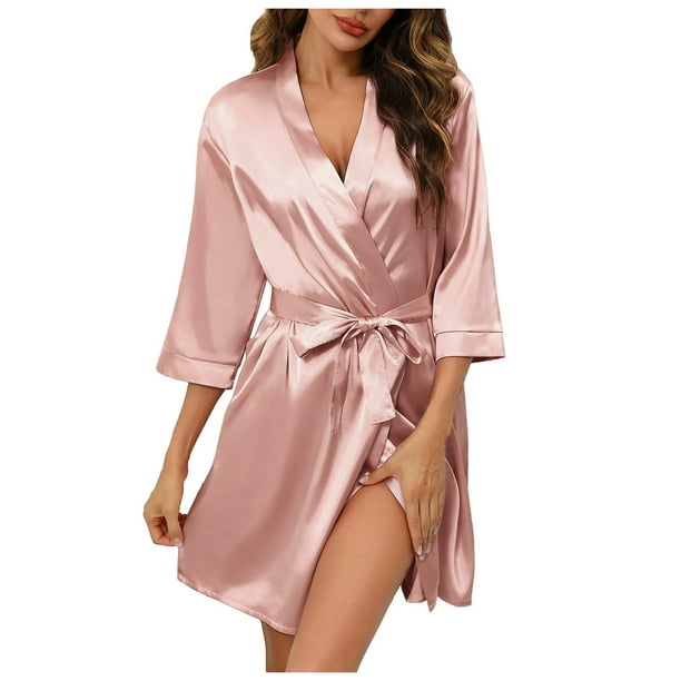 Bata de satén para dama de honor para mujer - Albornoz corto tipo kimono para bodas, cintura ajustable, tallas S-XL