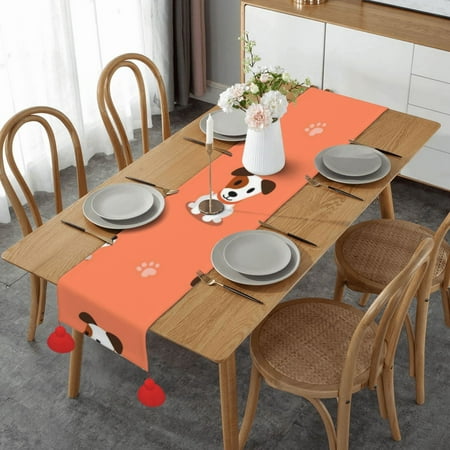 

Cartoon Jack Russell Terrier Table Runner Imitation Linen Table Runner With Red Tassels For Party And Dining Room 14 x 60