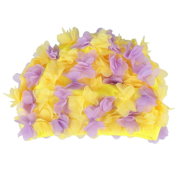1 gorro de natación para mujer, cómodo y transpirable, con diseño de flores 3D, para nadar, para mujeres y niñas (amarillo y morado).