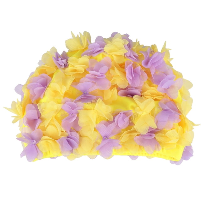 EeaseMX gorro de natación para mujer, cómodo y transpirable, con diseño de flores 3D, para nadar (amarillo y morado).