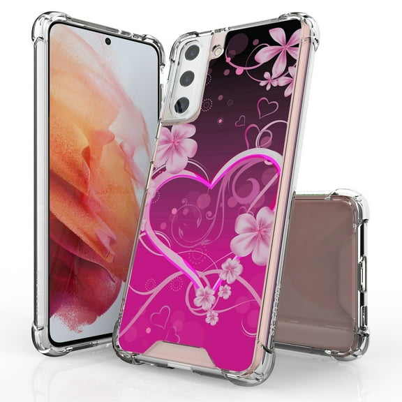 ANJ  Hybrid Slim Hard Back Cover Case Flexible Bumper for Samsung Galaxy S21 Plus - Hot Pink Rosy Heart
