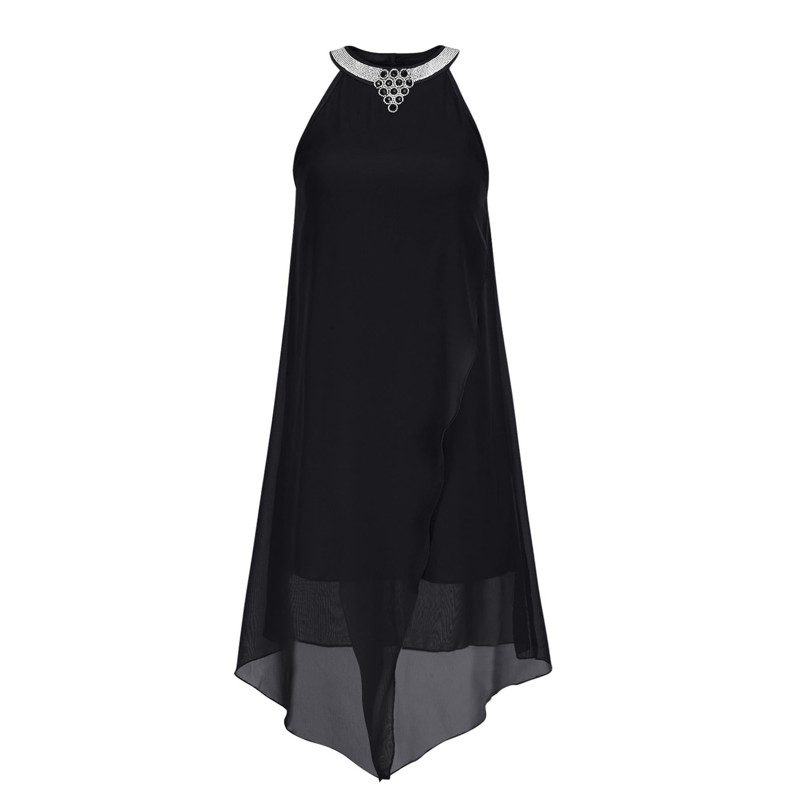 embellished neck asymmetric hem chiffon overlay dress Admvng Women's Dress Plus Size Asymmetrical Hem Summer Casual Solid Crew Neck Sleeveless formal Party Cocktail Dress, Size: XL, Black