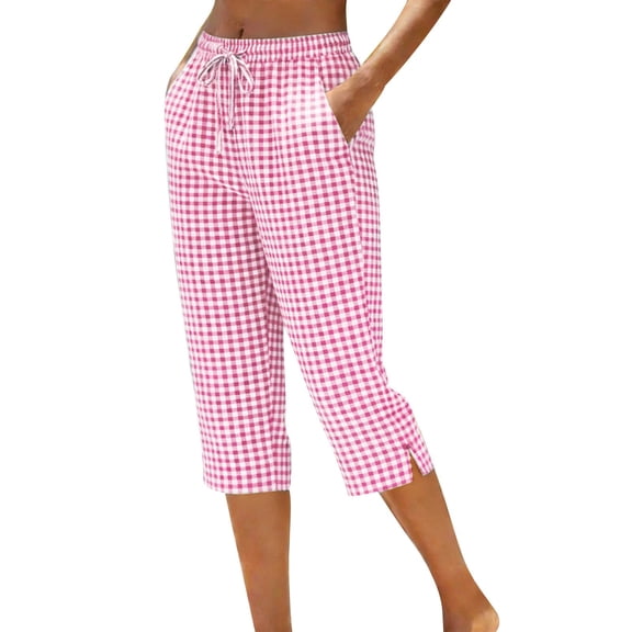XPMWRP Women's Drawstring Gingham Print Capri Pants with Side Slit Elastic Waist Casual Loose 3/4 Length Trousers with Pockets Lightweight Summer Pants Pink XL