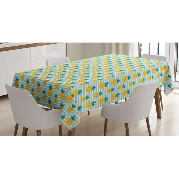 Pineapple Tablecloth, Tropical Exotic Fruit Illustrated Pattern on Stripes, Rectangle Satin Table Cover Accent for Dining Room and Kitchen, 60" X 84", Earth Yellow Teal, by Ambesonne