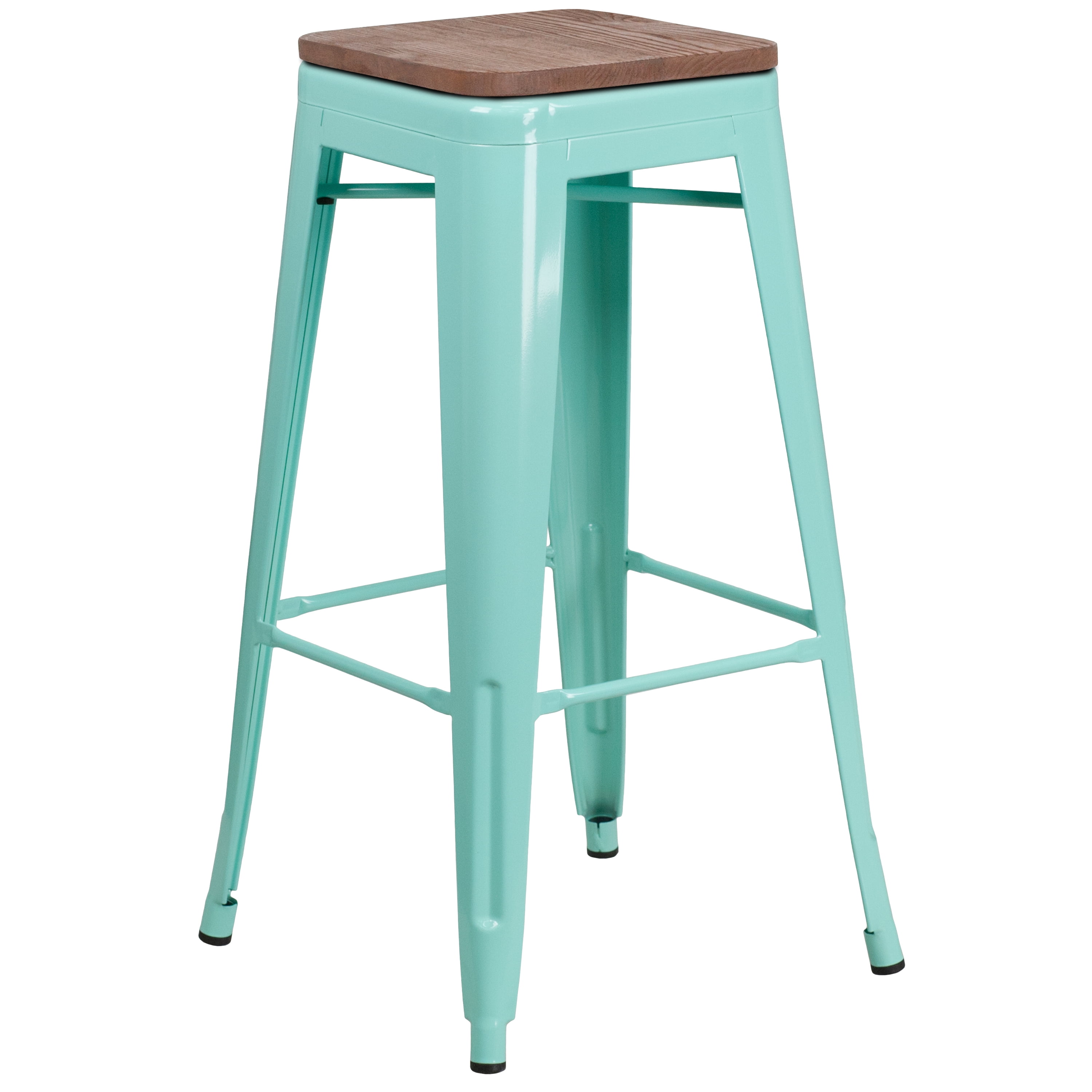30"H Backless Mint Green Barstool with Square Wood Seat