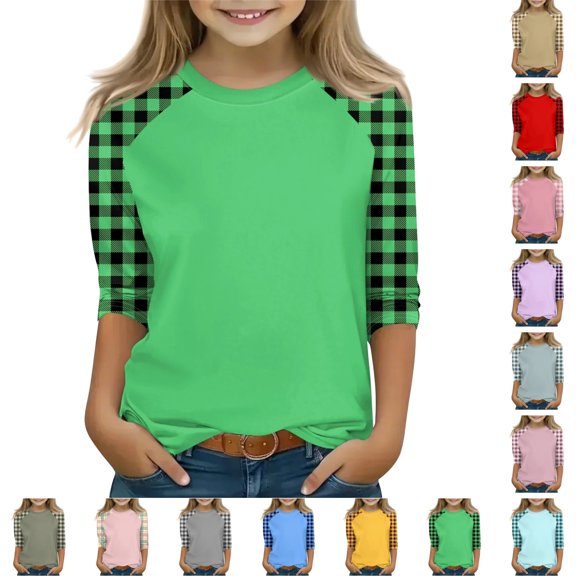 OIOLOYJM Shirts for Girls Casual Crew Neck 3/4 Length Sleeve Color Block T Shirts Spring Cotton Cute Pullover Tops Soft Cozy Tees Green 12-13 Year