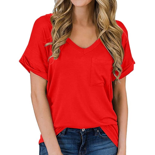 RXIRUCGD T-Shirts à Col en V pour Femmes, Manches Courtes Unies, Poches Décontractées, T-Shirt d'Été pour Femmes, Rouge