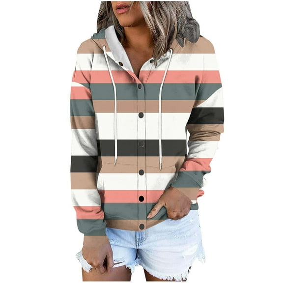 Usmixi 2025 Sweatshirt Coat for Women Womens Button Hooded Jacket Long Sleeve Loose Lightweight Fall Outerwear Fashion Striped Print Drawstring Hoodies Coat Winter Sweatshirt Coat