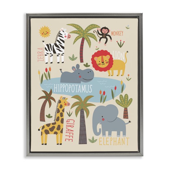 Stupell Industries Contemporary Jungle Wildlife Animals Safari Gray Floating Frame Canvas Art, 17 x 21, by Abi Hall