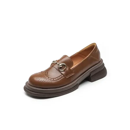 

Women‘s Metal Buckle Decor Chunky Heeled Loafers Solid Color Round Toe Slip On Shoes Women‘s Footwear