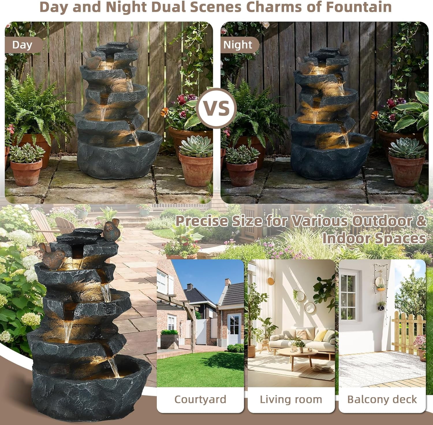 EPICOZY 22.3" Tall Outdoor Rock Waterfall Fountain, 5-Tier Cascading Garden Water Feature with Bird Decor & LED Lights, Natural Stone Resin Fountain with Filter Cotton for Patio, Yard, Porch & Indoor