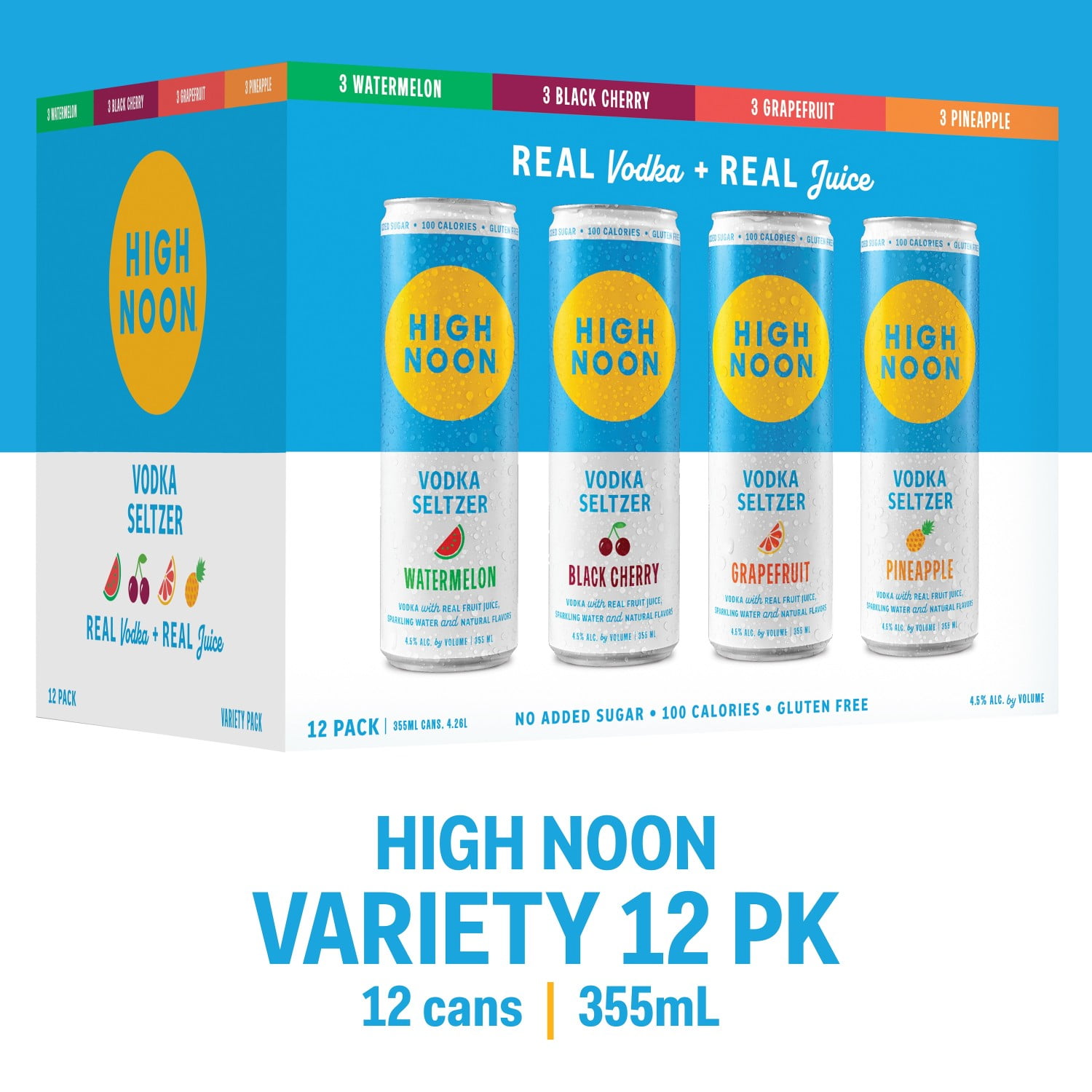 High Noon Vodka Hard Seltzer, Variety Pack, 12 Pack, 12 fl oz Cans, 4.5% ABV