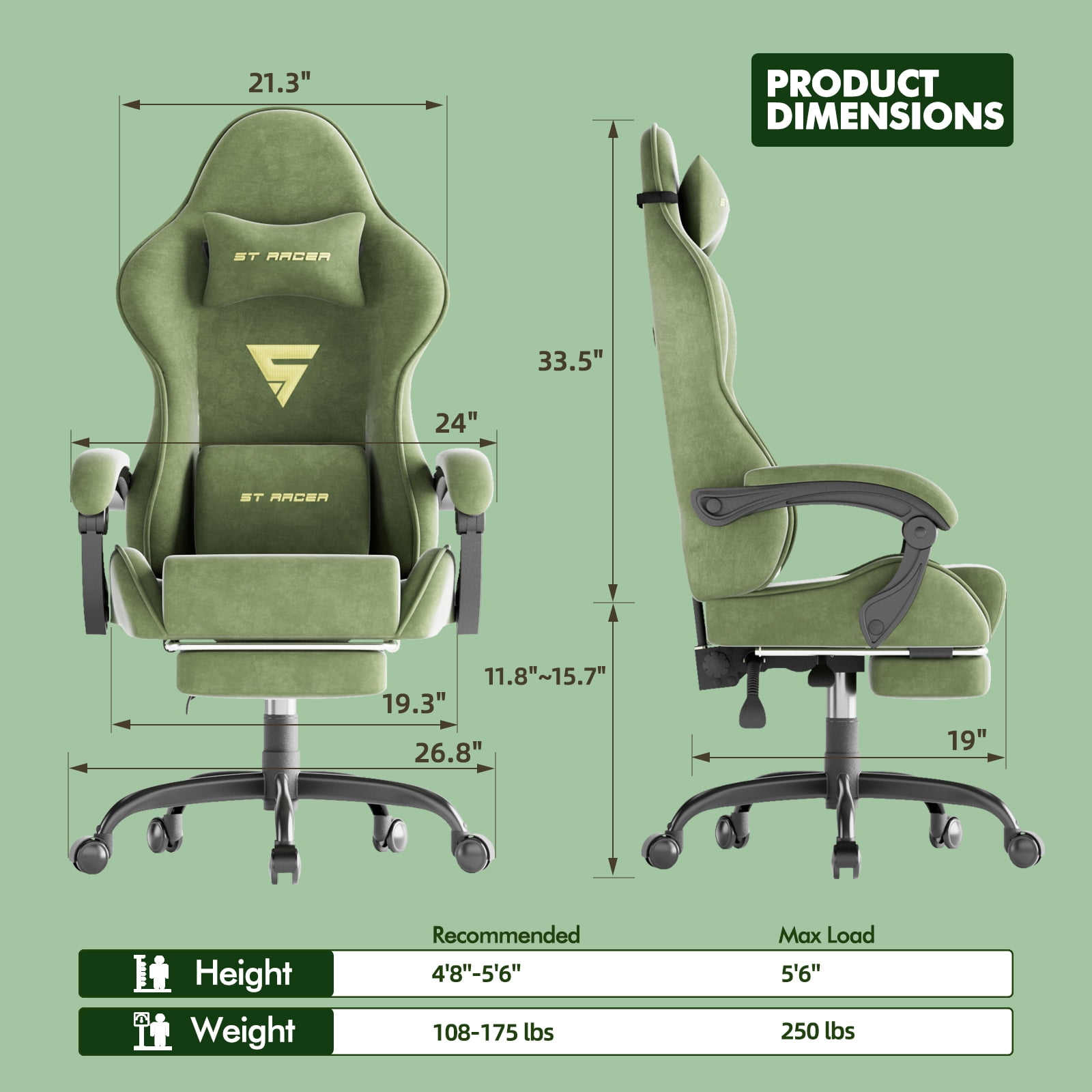 SOONTRANS Gaming Chair with Footrest, High Back Gamer Game Chair for Adult, Velvet Fabric Ergonomic Office Chair with Massage Lumbar Cushion, Reclining Computer Desk Chair ,Green
