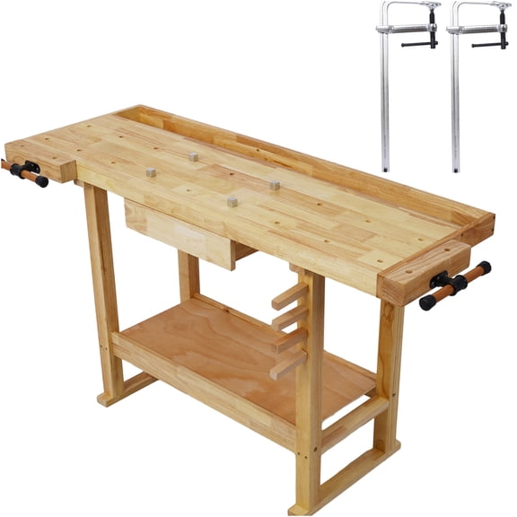 JERFIT 55" Rubber Wood Workbench with 2 F-Clamps, Garage & Home Workshop Table with Drawer, Adjustable Handles & Storage