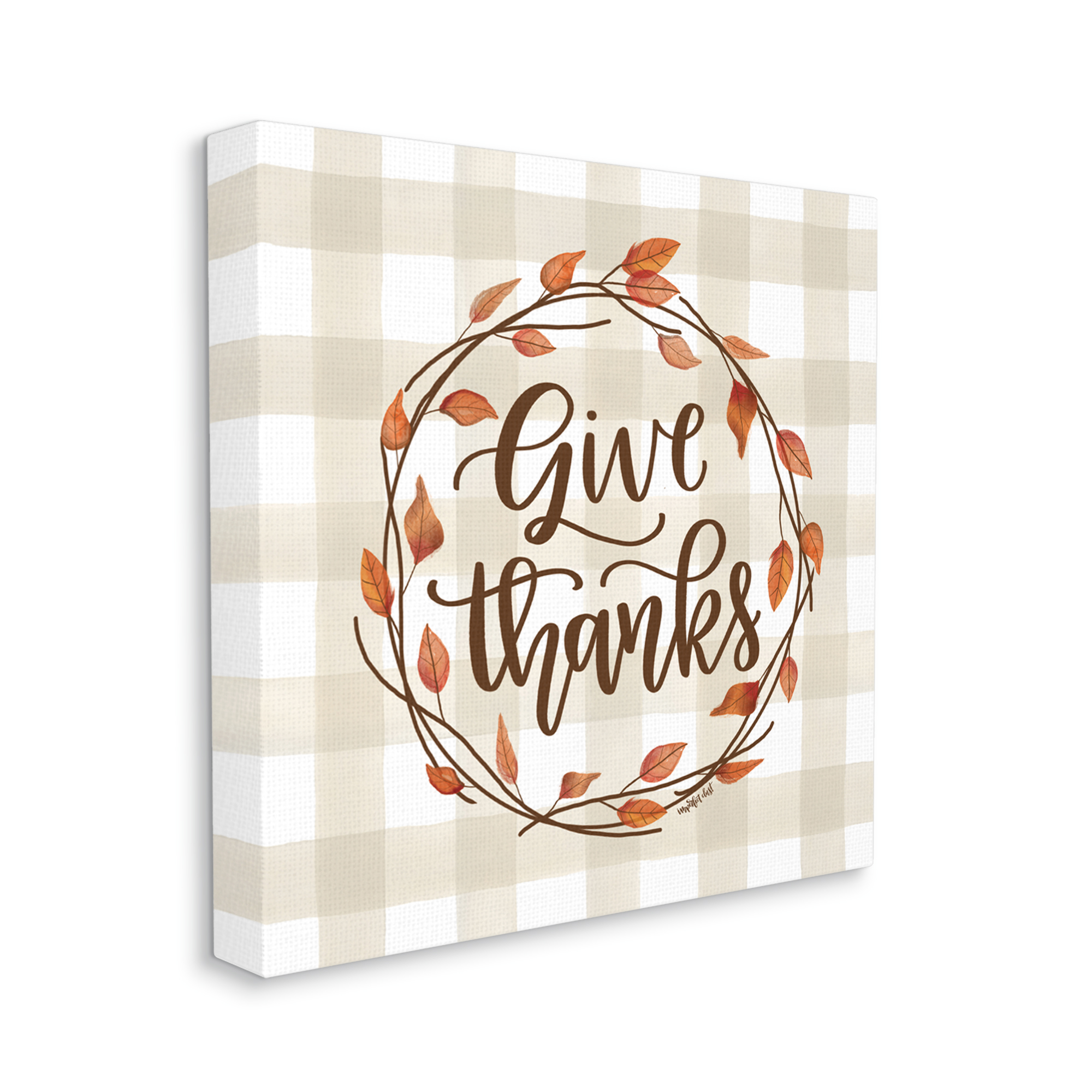 Give Thanks Neutral Plaid Autumn Leaves Wreath Inspirational Graphic Art Gallery-Wrapped Canvas Print Wall Art