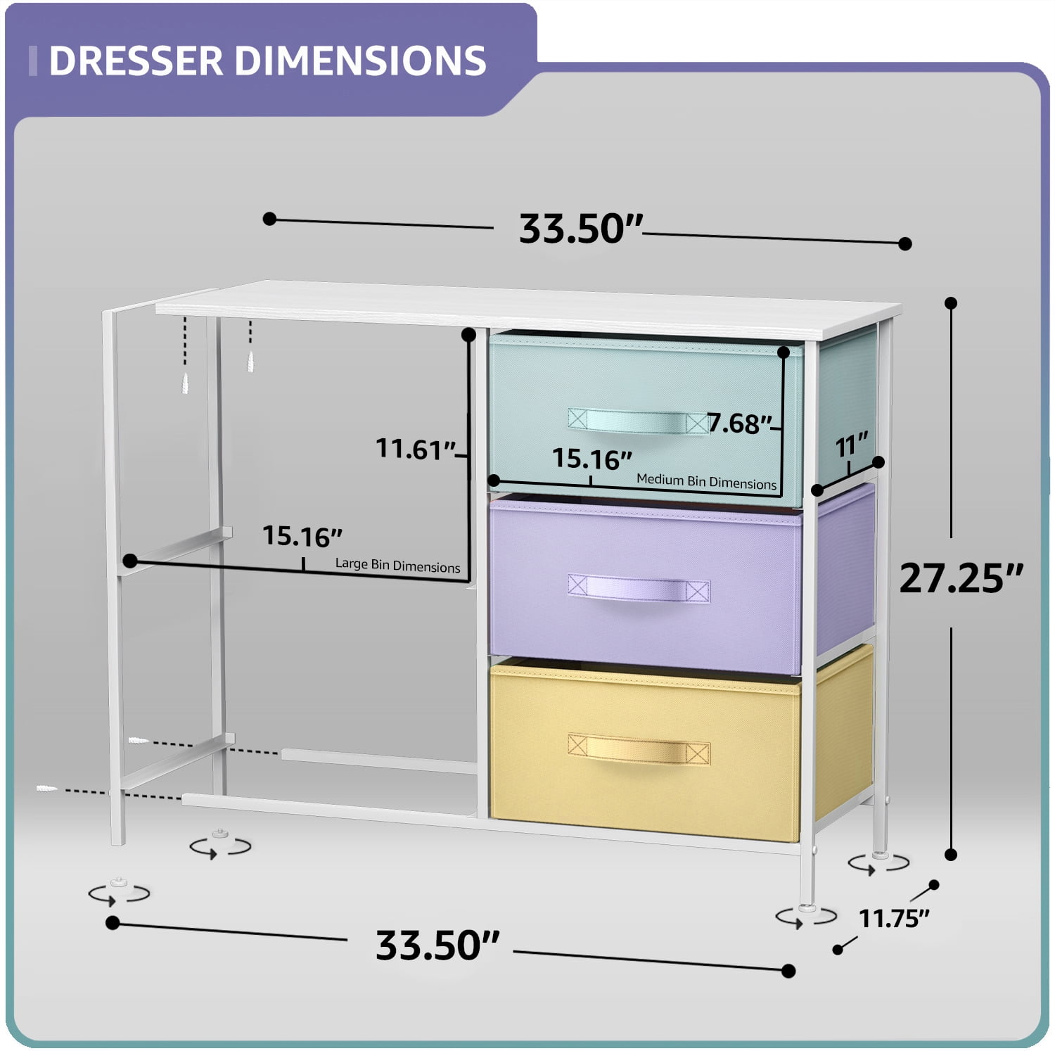 Sorbus 5 Drawer Dresser Storage Chest with Steel Frame, Wood Top, Fabric Bins,
