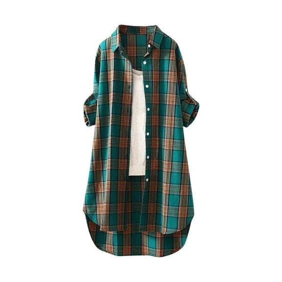Charmgo Womens Flannel Shirt, Women's Artistic Retro Cotton Linen Shirt Solid Color 3/4 Sleeve Flannel Jacket Loose Casual Top Shacket Long Sleeve Shirts for Women Plaid Shirts for Women Green L