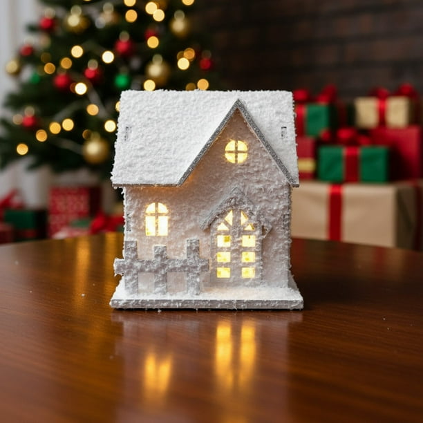 Casas de Pueblo Navideñas de Madera con Iluminación Led, Decoración de Escritorio con Nieve Invernal | Decoración Navideña Artesanal de Estilo Europeo para El Hogar, La Oficina, La Mesa o La Estanter
