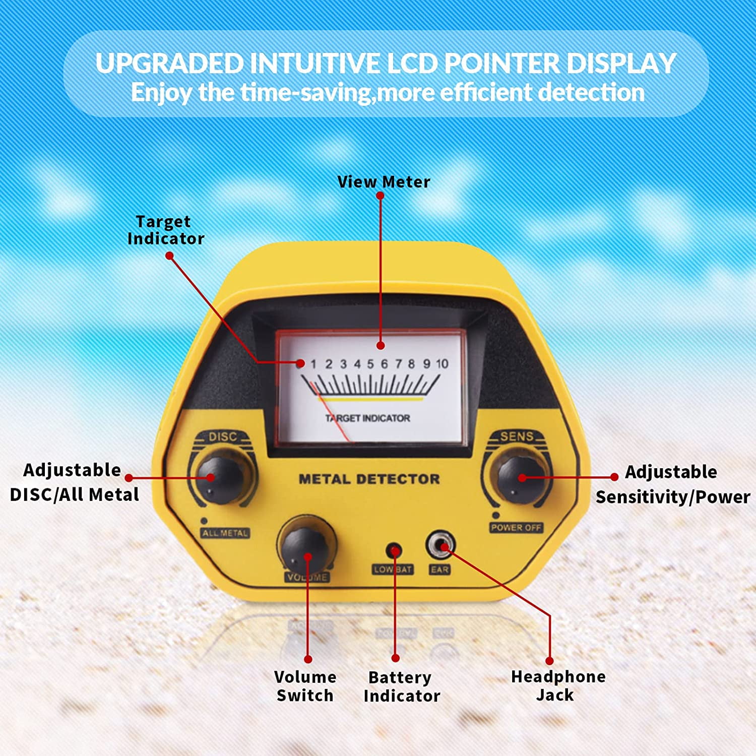 Vemingo Gold LCD Battery Metal Detector, with 33"-42" Adjustable Stem and 8" Waterproof Coil for Kids Adults