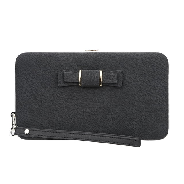 Hukapapa Bolso de mujer con lazo, estuche largo para lápices, monedero, bolso para teléfono móvil para mujer, negro