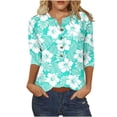 thumbnail image 1 of 3/4 Manga Superior Impresa Botón Suelto Cuello Redondo Camiseta, Tops Sueltos para las Mujeres, 1 of 5