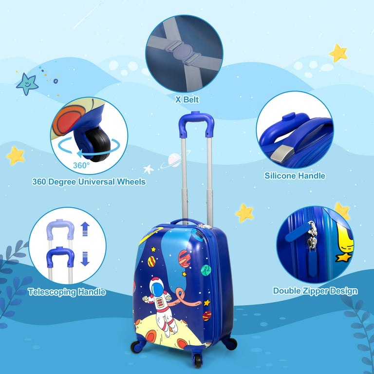 TOBBI 2 Pcs Kids Carry on Luggage Set, 12 Backpack & 16 Rolling Suitcase  with Spinner Wheels, School Travel Trolley ABS Luggage for Boys & Girls,  Blue 