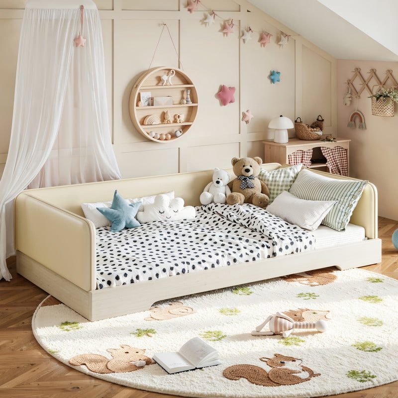 Twin Size Faux Leather Upholstered Floor Bed, Kids Montessori Bed Frame with Removable Guardrail, Low Profile Platform Bed