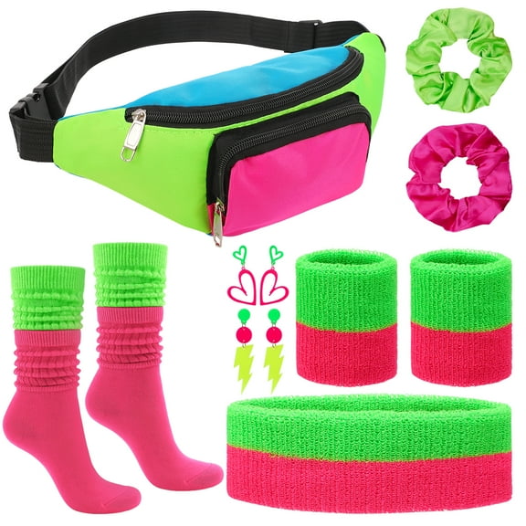 sixwipe 80s Outfit for Women, 80s Fancy Dress Costume Accessories, Headbands Wristbands Earrings Socks Handbags Hair Ties Party Outfit Set for 80's Retro Themed Party