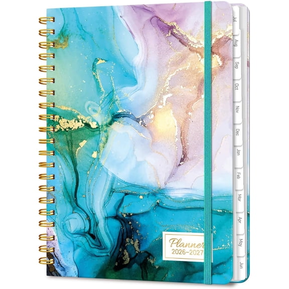 Academic Planner 2026-2027, Daily Weekly and Monthly Agenda Planner 6.18" x 8.5" with Tabs, 12 Months Spiral School Year A5 Calendar from Jul.2026 to Jun.2027 for Student and Teacher (Cyan Marble)
