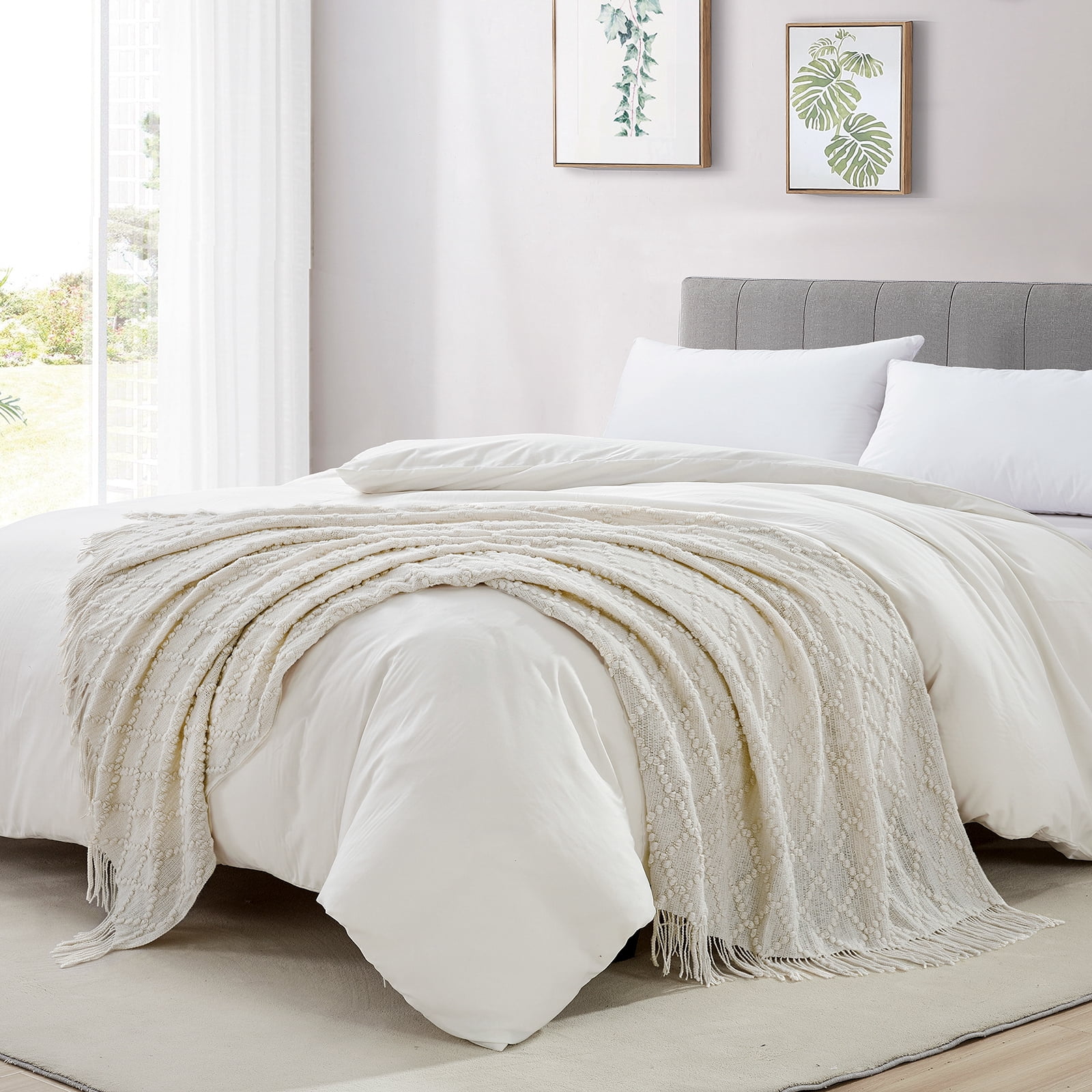 Bourina Texture Pure Color Soft Throw Blanket and Sofa Or Bed Knitted Decorative Blanket 50 x70 inches Jacquard Diamond Beige, for Adults.