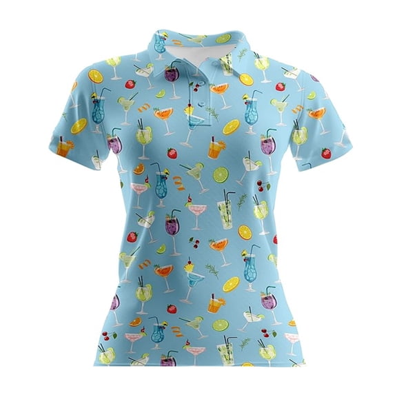 FINALGANG Womens Polo Collar Short Sleeve Slim Fit Golf Polo Shirt With Drink Print For Summer Beach Party Daily Wear Light Blue M