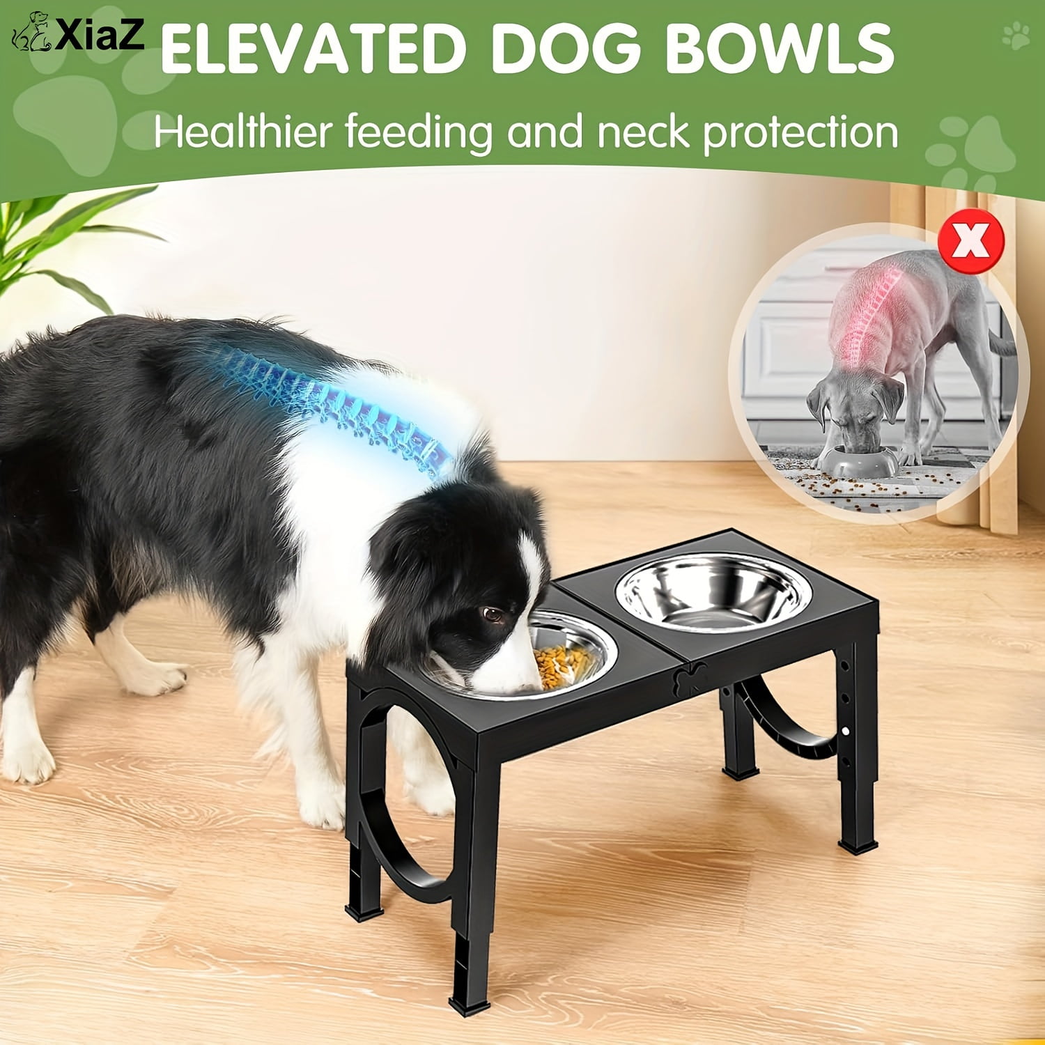 X XBEN 2-Pack Elevated Dog Bowls Stand, 5-Level Height Adjustable Feeder with 2 Stainless Steel Bowls, Anti-Slip Joint Relief Food Water Dish for Small Medium Large Dogs