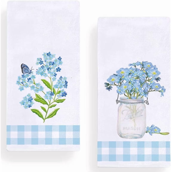 Buffalo Plaid Forget Me Not Floral Kitchen Dish Towel 18 x 28 Inch Set of 2, Spring Summer Floral Tea Towels Dish Cloth for Cooking Baking