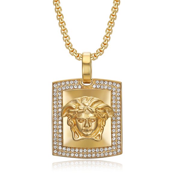 Hip Hop Paved Rhinestones Bling Iced Out Square pendant with Greek mythology Pendants 14K Yellow Gold Necklaces for Men Rapper Jewelry