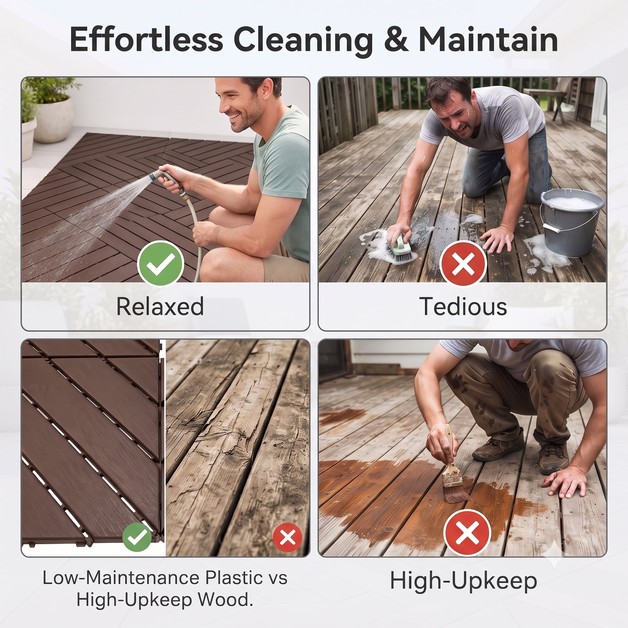 Interlocking Deck Tiles 44-Pack 12x12 Inch, Waterproof Patio Flooring and Snap Together Decking Tiles with Non-Slip Surface for Poolside Porch Garden, Brown