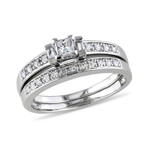 AMOUR 1/3 CT TW Princess Cut, Baguettes and Round Diamond Bridal Set In Sterling Silver