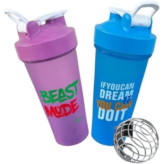 Magiko Motivational Protein Shaker, 2-Pack 28oz Nutrition Water Bottle, Blue/Purple